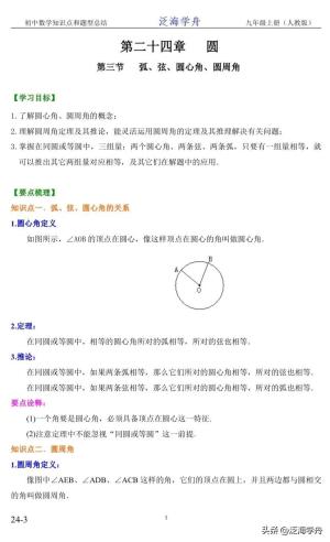 初三数学知识点整理（九上 § 24.3弦、弧、圆心角、圆周角）