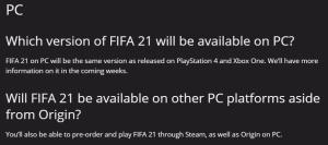 FIFA21将登陆Steam与Origin，PC版与PS4版本相同