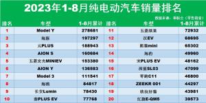 1-8月份纯电动汽车销量排名：Model Y卫冕，AION Y第6，汉EV第12-图1